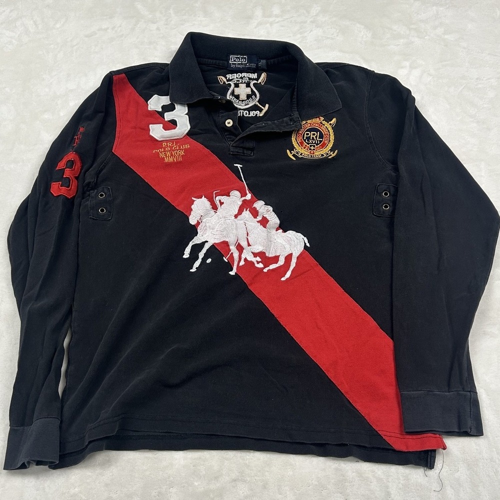 Polo Ralph Lauren Long Sleeve Polo Mens XL Black Red Big Pony Sash Crest